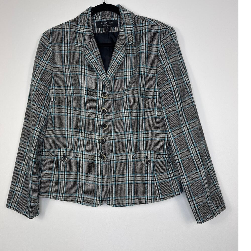 Signature by Larry Levine Wool Blend Plaid Blazer Size 16 Classic Tailored Chic